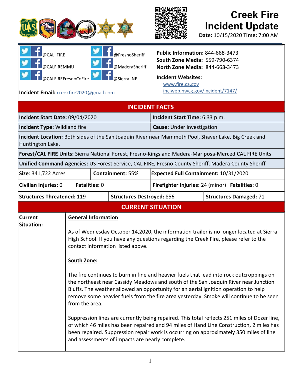 Creek Fire Update 10-15-2020 AM