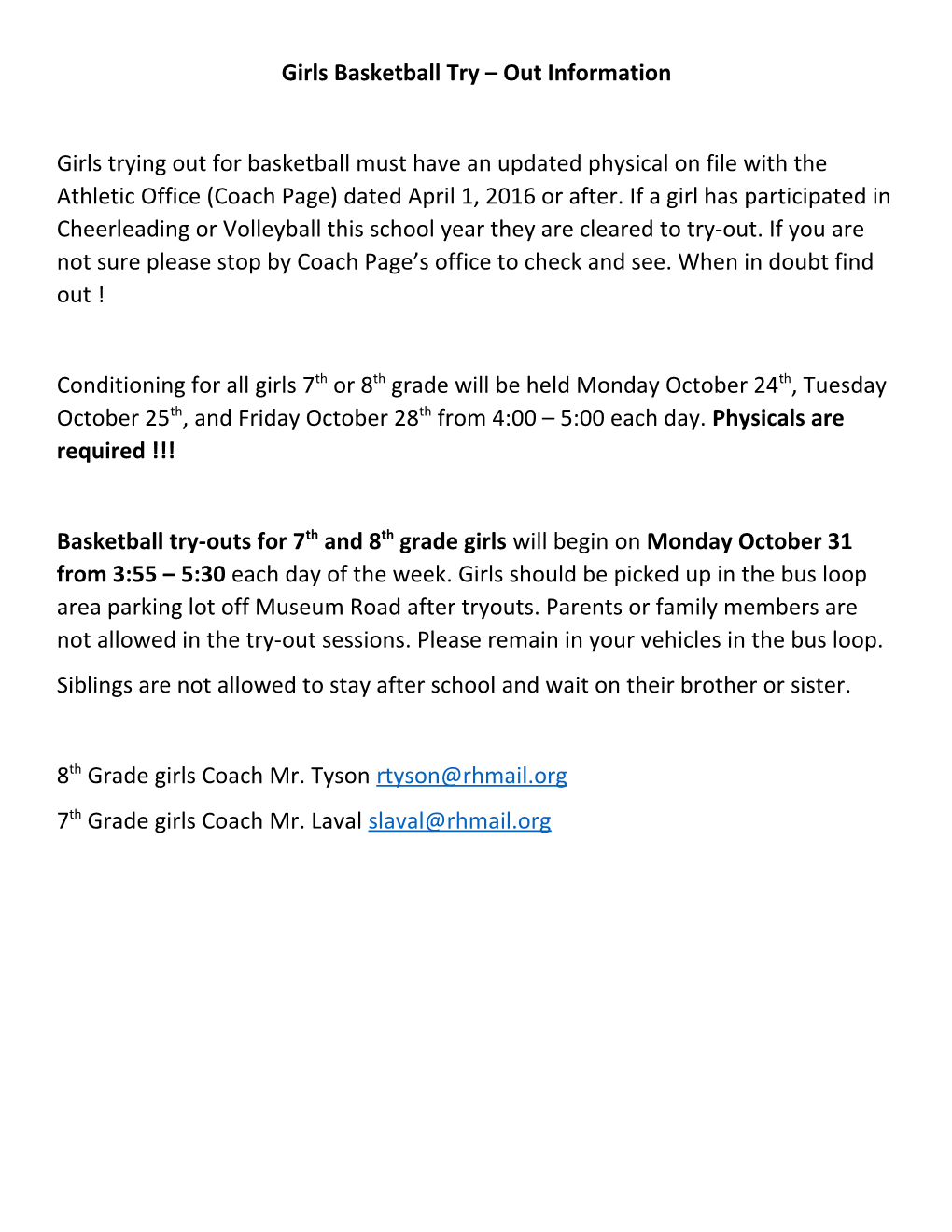 Girls Basketball Try out Information