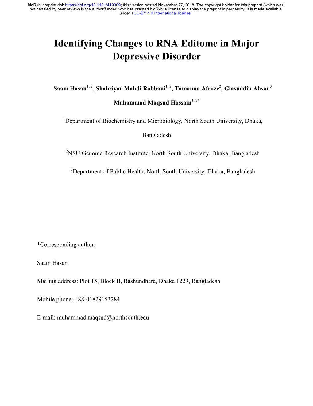 Identifying Changes to RNA Editome in Major Depressive Disorder