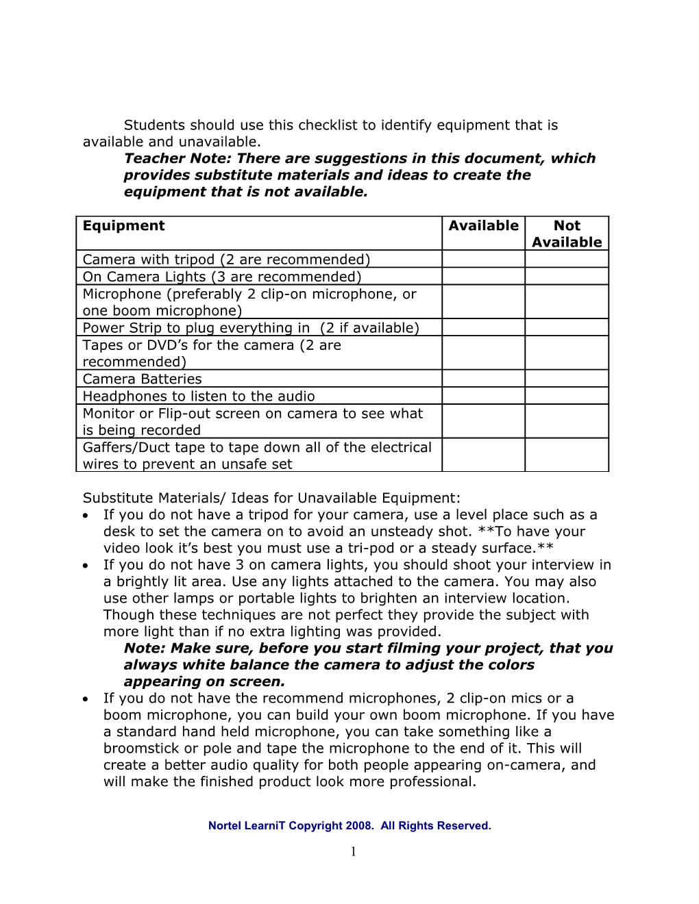 Students Should Use This Checklist to Identify Equipment That Is Available and Unavailable