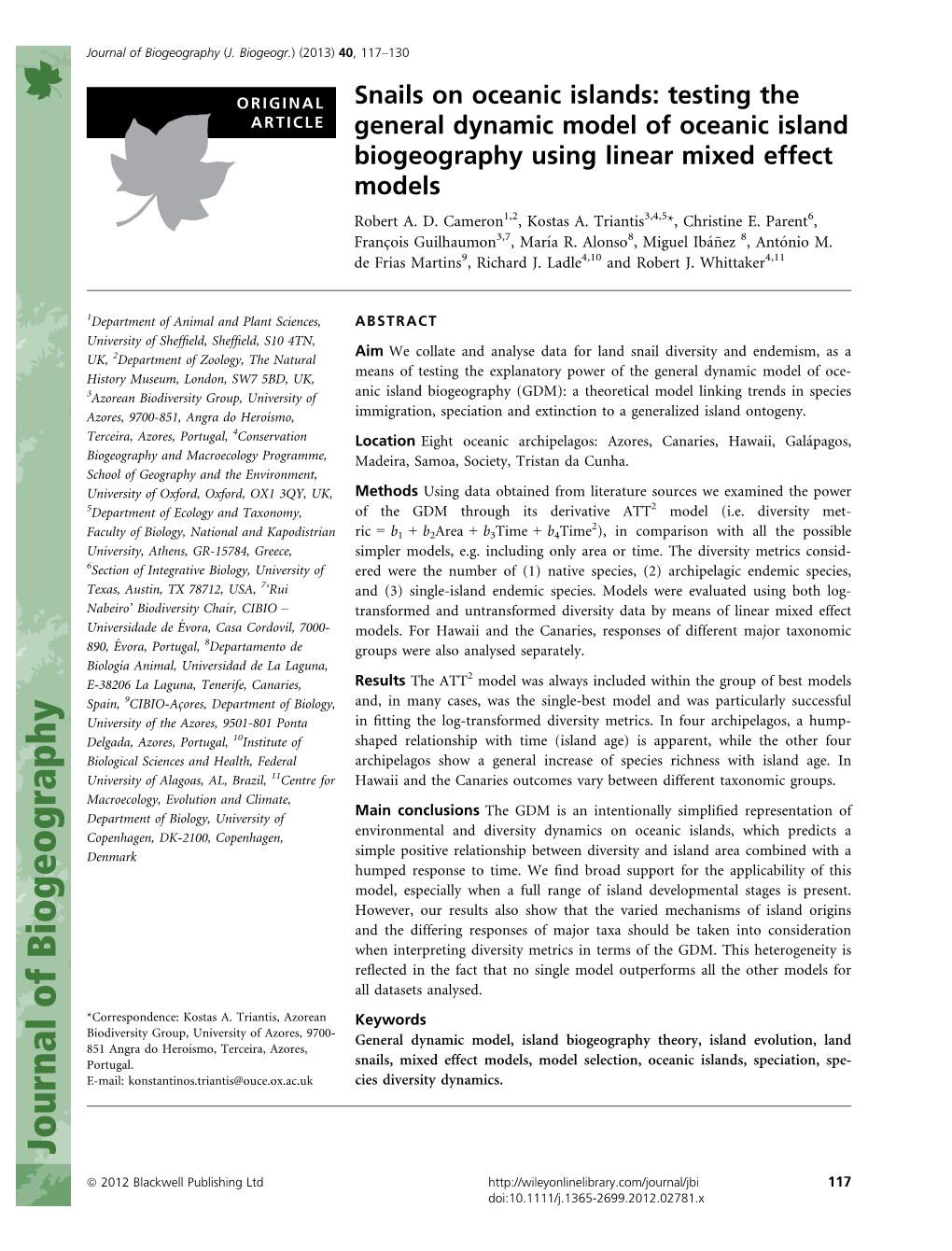 Snails on Oceanic Islands: Testing the ARTICLE General Dynamic Model of Oceanic Island Biogeography Using Linear Mixed Effect Models Robert A