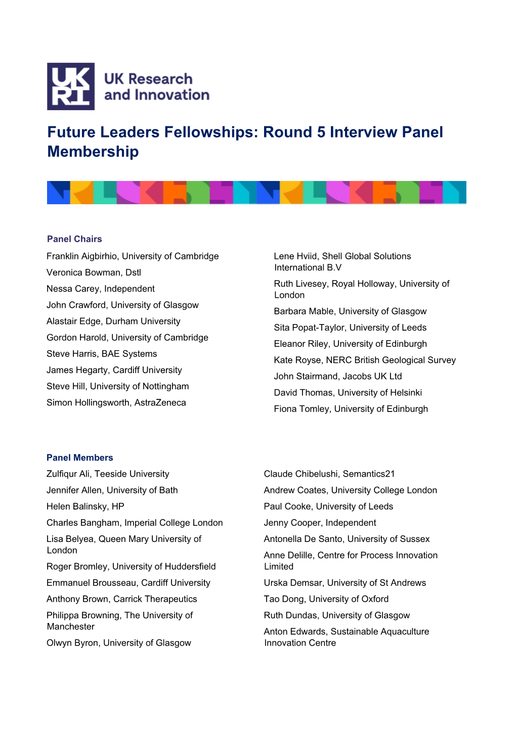 Future Leaders Fellowships: Round 5 Interview Panel Membership