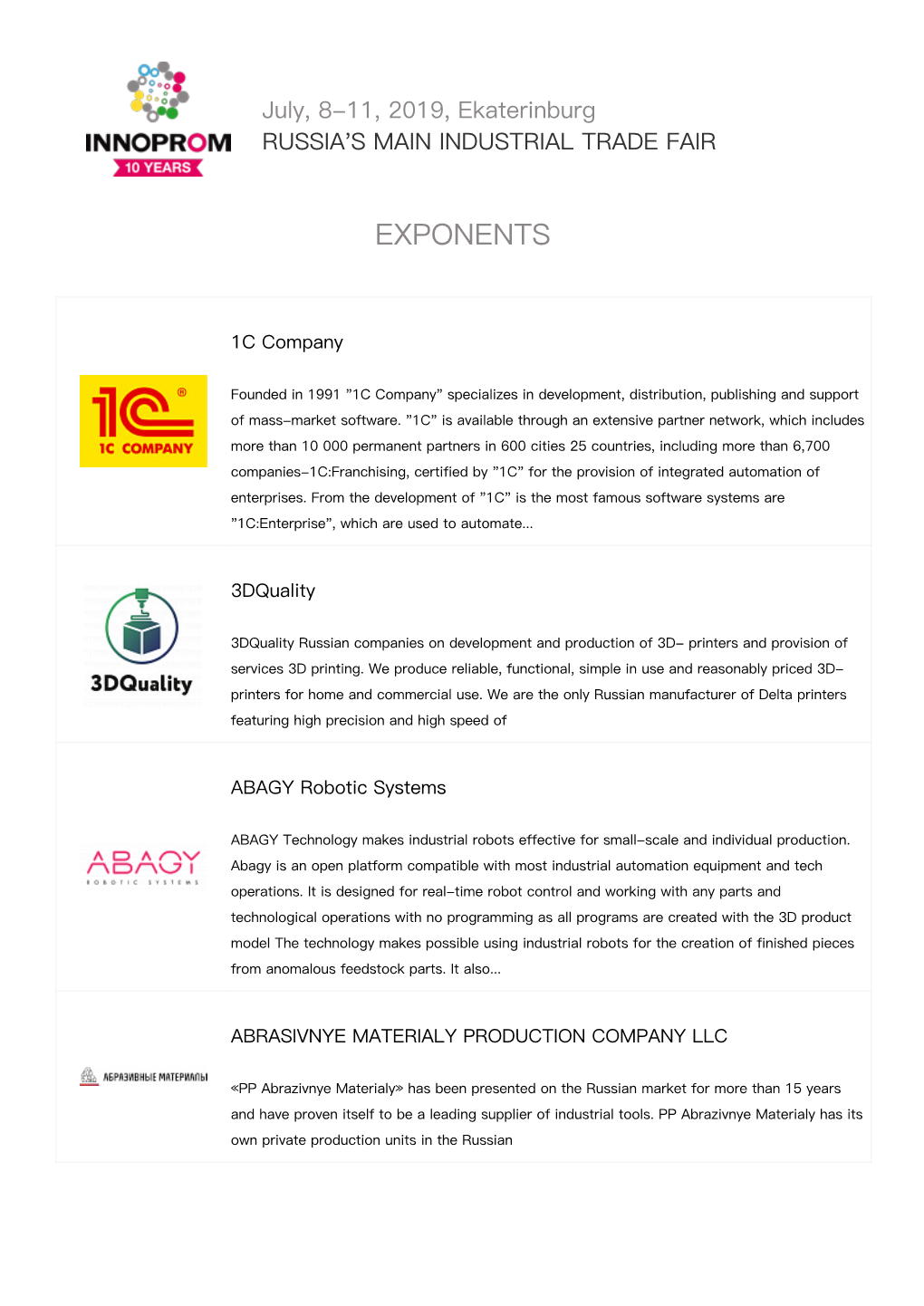 The Catalog of Participants of INNOPROM 2019