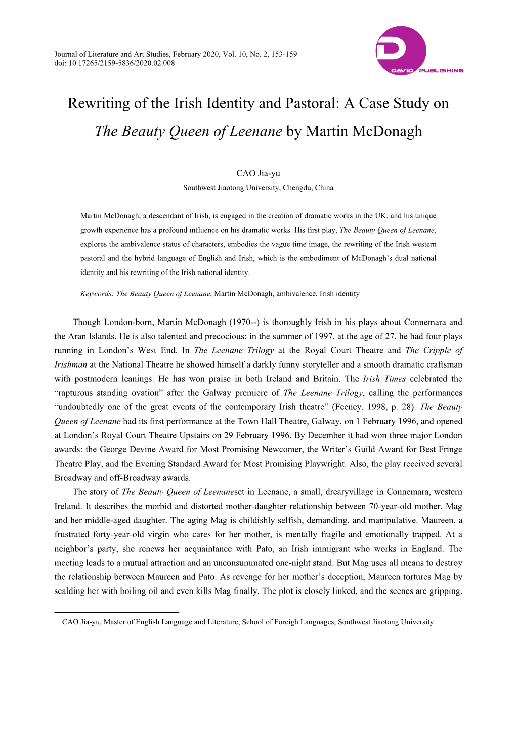 A Case Study on the Beauty Queen of Leenane by Martin Mcdonagh