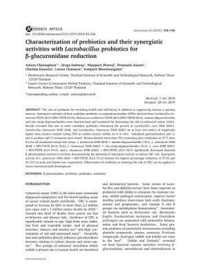 Characterization of Prebiotics and Their Synergistic Activities with Lactobacillus Probiotics for Β-Glucuronidase Reduction