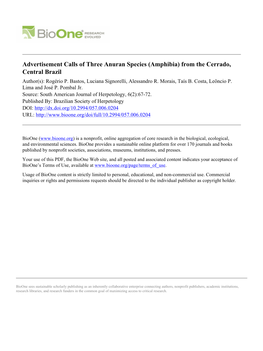Advertisement Calls of Three Anuran Species (Amphibia) from the Cerrado, Central Brazil Author(S): Rogério P