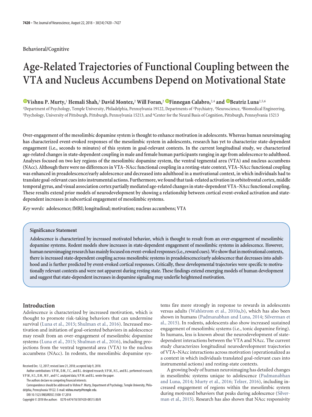 Age-Related Trajectories of Functional Coupling Between the VTA and Nucleus Accumbens Depend on Motivational State