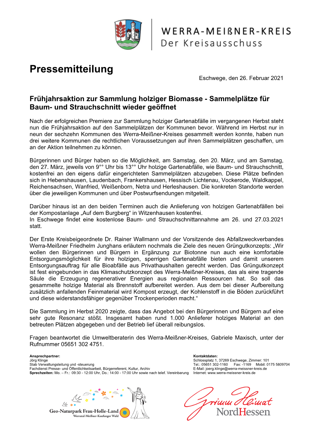 Pressemitteilung Eschwege, Den 26