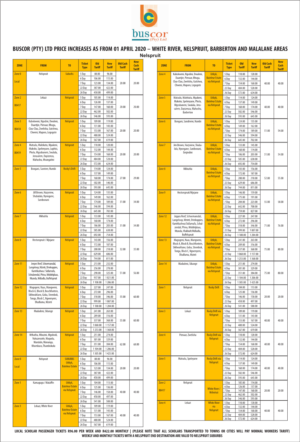 Buscor (Pty) Ltd Price Increases As from 01 April 2020 – White River