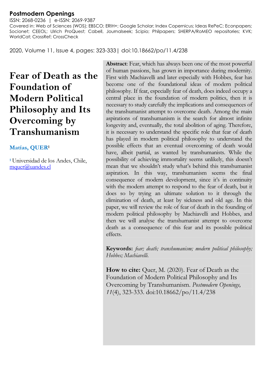 Fear of Death As the Foundation of Modern Political Philosophy and Its Overcoming by Transhumanism