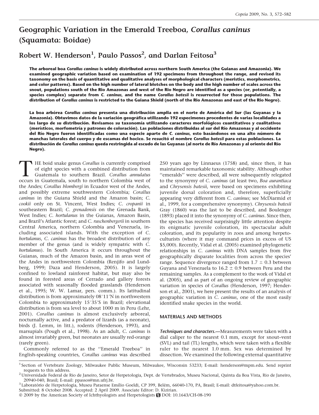 Geographic Variation in the Emerald Treeboa, Corallus Caninus (Squamata: Boidae)