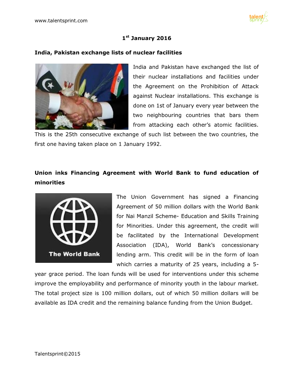 1St January 2016 India, Pakistan Exchange Lists of Nuclear Facilities