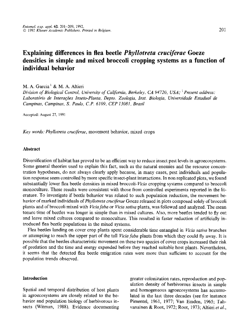 Explaining Differences in Flea Beetle Phyllotreta Cruciferae Goeze Densities in Simple and Mixed Broccoli Cropping Systems As a Function of Individual Behavior