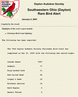 Southwestern Ohio (Dayton) Rare Bird Alert