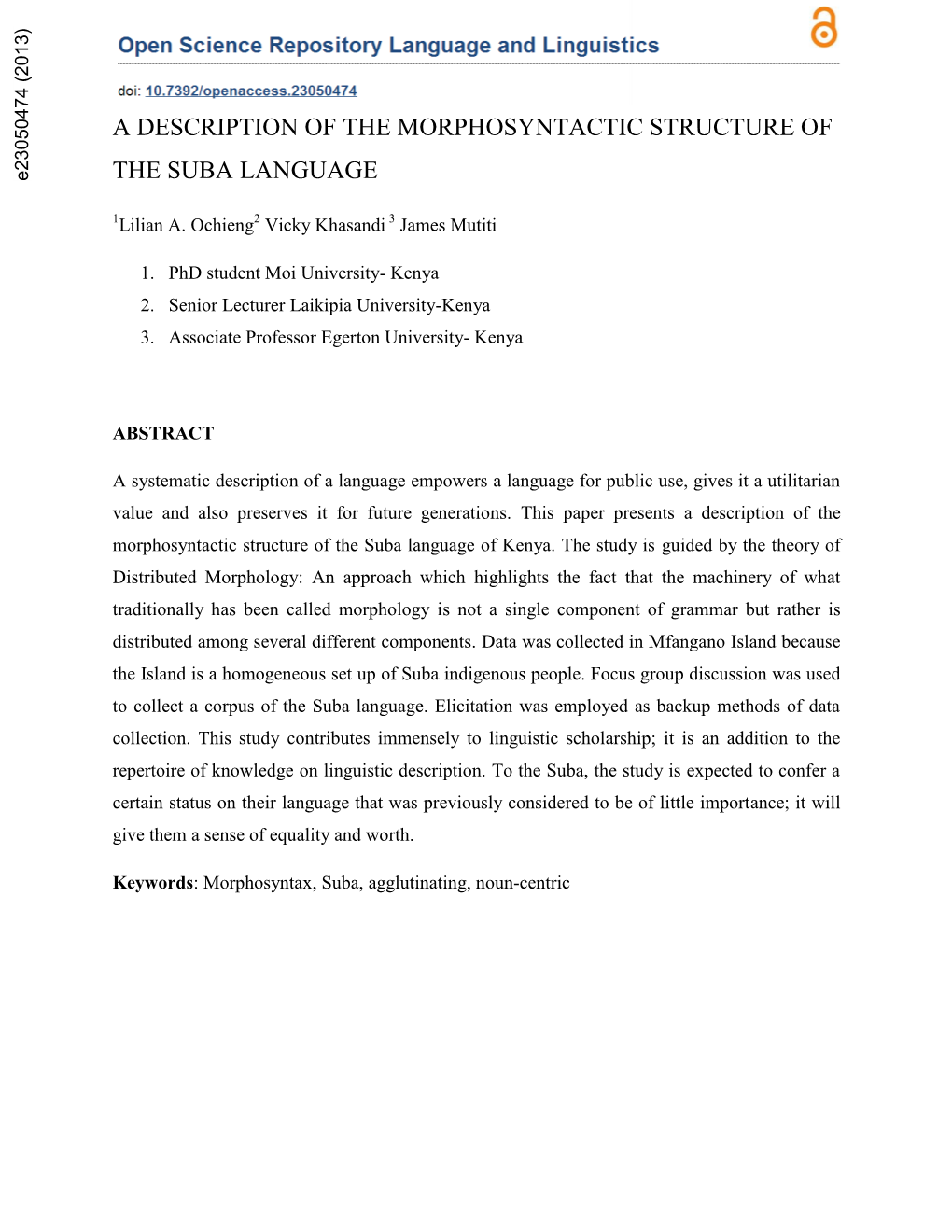 A Description of the Morphosynthatic Structure of the Suba Language