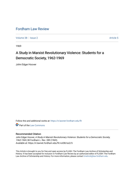 A Study in Marxist Revolutionary Violence: Students for a Democratic Society, 1962-1969