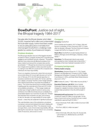 Dowdupont: Justice out of Sight, the Bhopal Tragedy 1984-2017