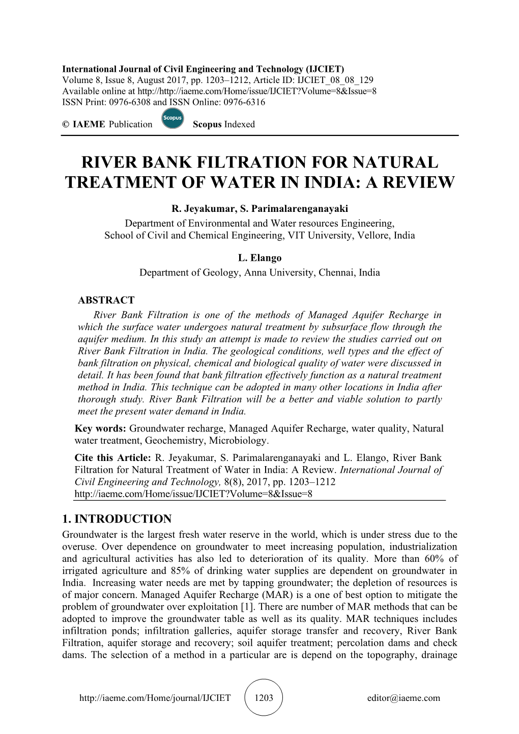 River Bank Filtration for Natural Treatment of Water in India: a Review