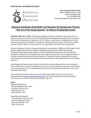 Arkansas Symphony Rockefeller and Quapaw String Quartets Present "The Art of the String Quartet" at Clinton Presidential Center