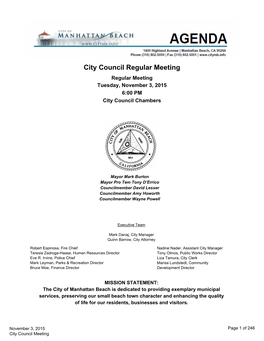 City Council Regular Meeting Regular Meeting Tuesday, November 3, 2015 6:00 PM City Council Chambers