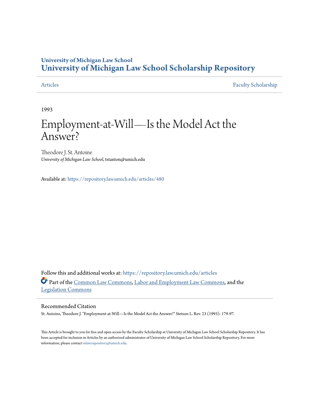 Employment-At-Will—Is the Model Act the Answer? Theodore J