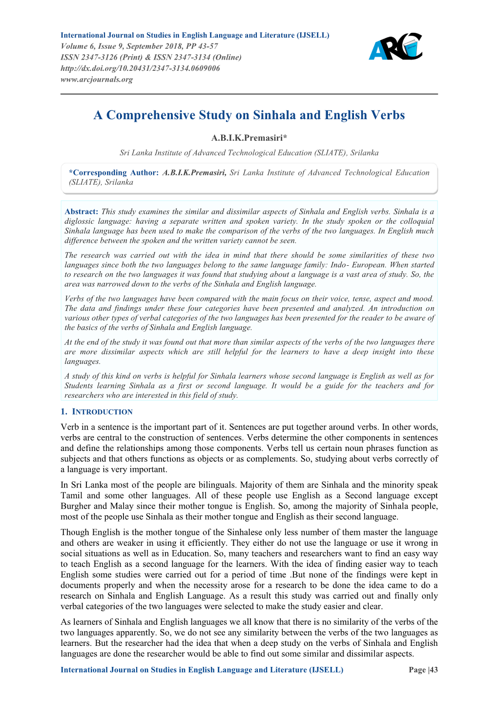 A Comprehensive Study on Sinhala and English Verbs