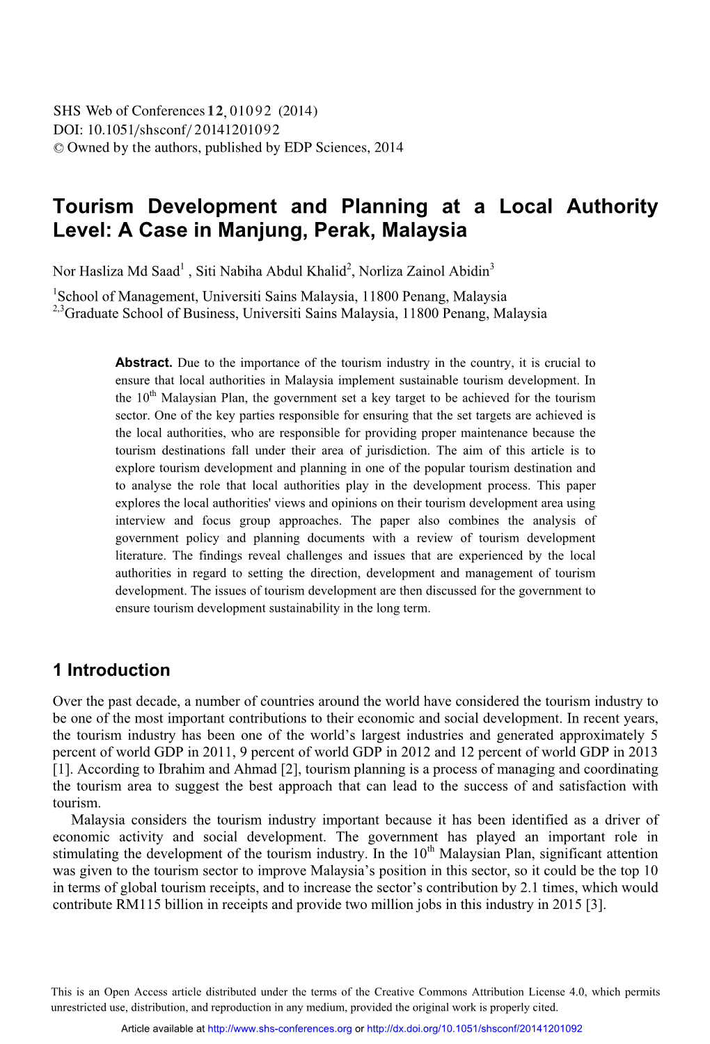 Tourism Development and Planning at a Local Authority Level: a Case in Manjung, Perak, Malaysia