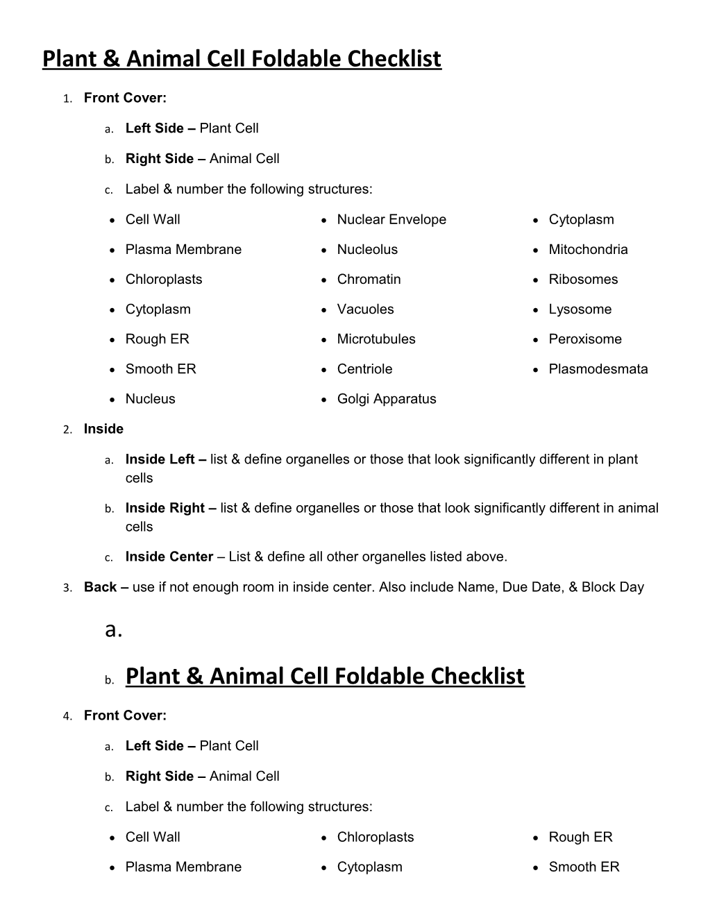 Plant & Animal Cell Foldable Checklist