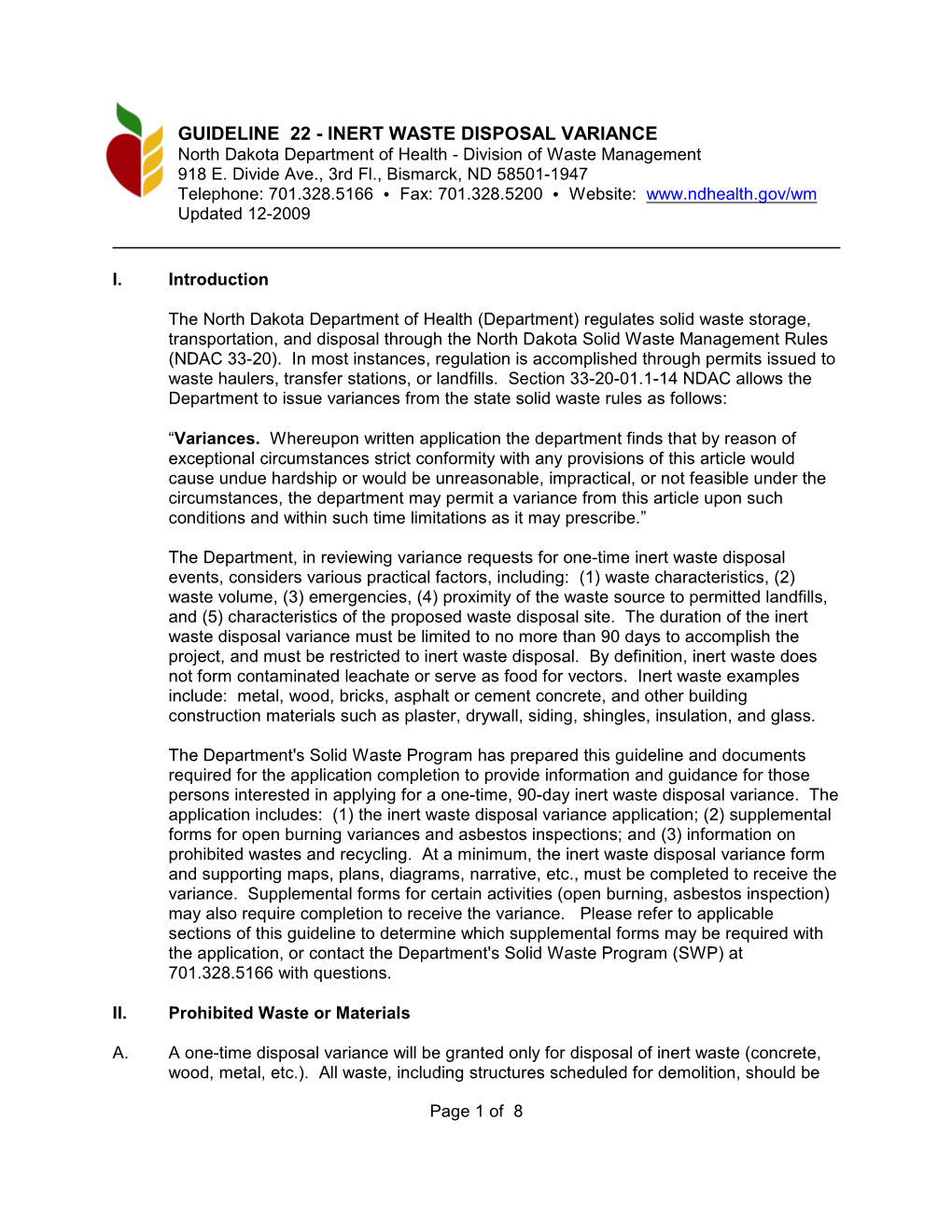 INERT WASTE DISPOSAL VARIANCE North Dakota Department of Health - Division of Waste Management 918 E