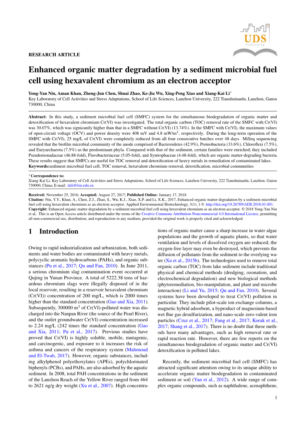 Enhanced Organic Matter Degradation by a Sediment Microbial Fuel Cell Using Hexavalent Chromium As an Electron Acceptor
