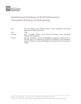 Institutional Database of Staff Publications Tennessee Division of Archaeology