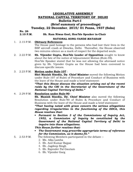LEGISLATIVE ASSEMBLY NATIONAL CAPITAL TERRITORY of DELHI Bulletin Part-I (Brief Summary of Proceedings) Tuesday, 22 December , 2015/ 01 Pausa, 1937 (Saka) No