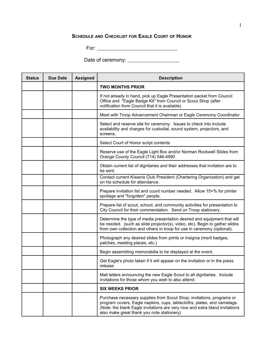 Schedule And Checklist For Eagle Court Of Honor