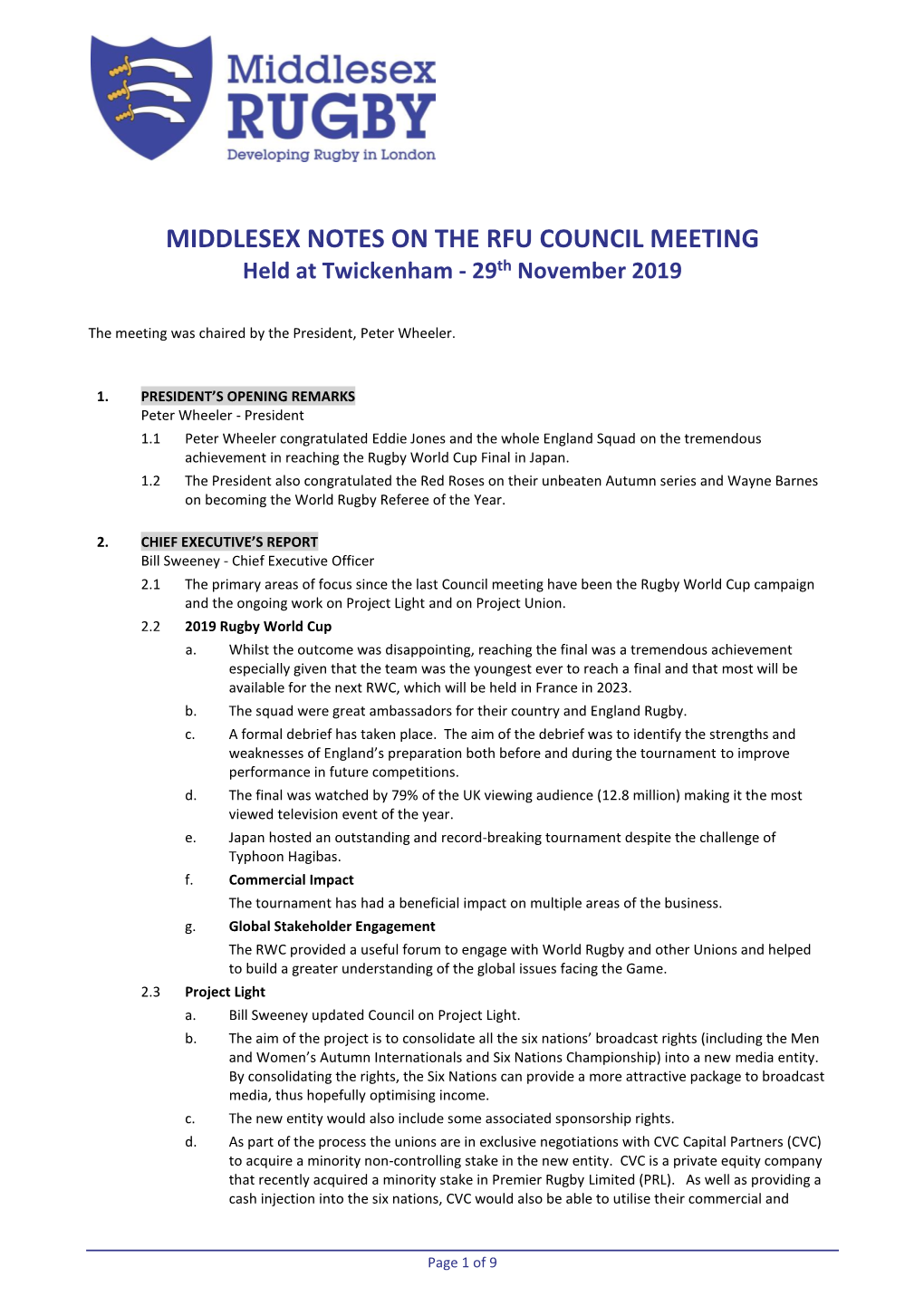 NOTES on the RFU COUNCIL MEETING Held at Twickenham - 29Th November 2019