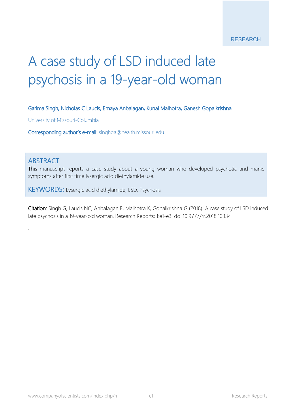 A Case Study of LSD Induced Late Psychosis in a 19-Year-Old Woman