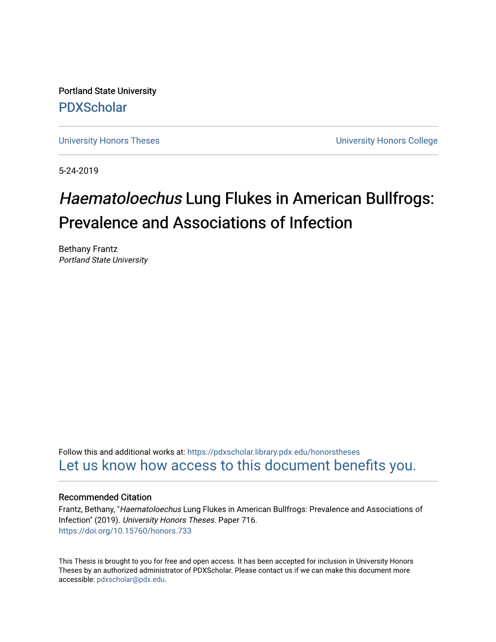 Haematoloechus</I> Lung Flukes in American Bullfrogs