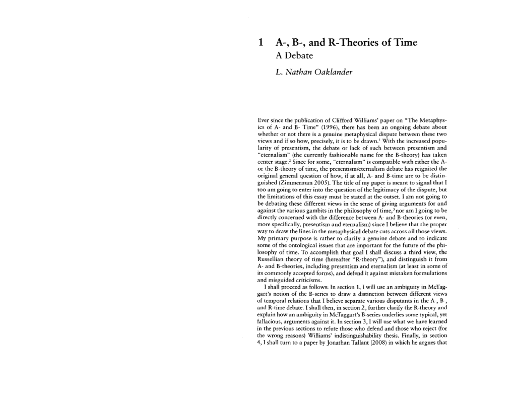 1 A-, B-, and R-Theories of Time a Debate L