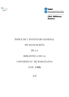 Índex De L'inventari General De Manuscrits De La Biblioteca De La Universitat De Barcelona
