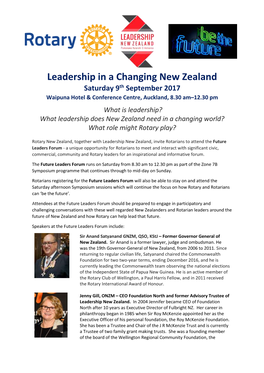 Leadership in a Changing New Zealand Saturday 9Th September 2017 Waipuna Hotel & Conference Centre, Auckland, 8.30 Am–12.30 Pm