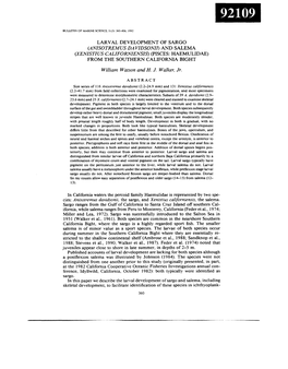 Larval Development of Sargo (Anzsotremus Da Vzdsonzi)And Salema (Xenzstzus Californzenszs')(Pisces: Haemulidae) from the Southern California Bight