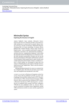 Minimalist Syntax: Exploring the Structure of English - Andrew Radford Frontmatter More Information