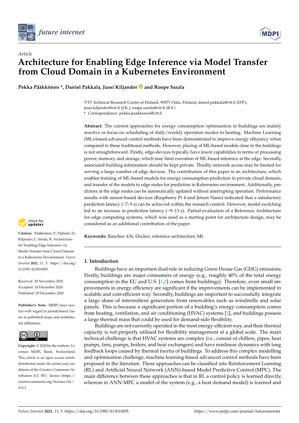 Architecture for Enabling Edge Inference Via Model Transfer from Cloud Domain in a Kubernetes Environment