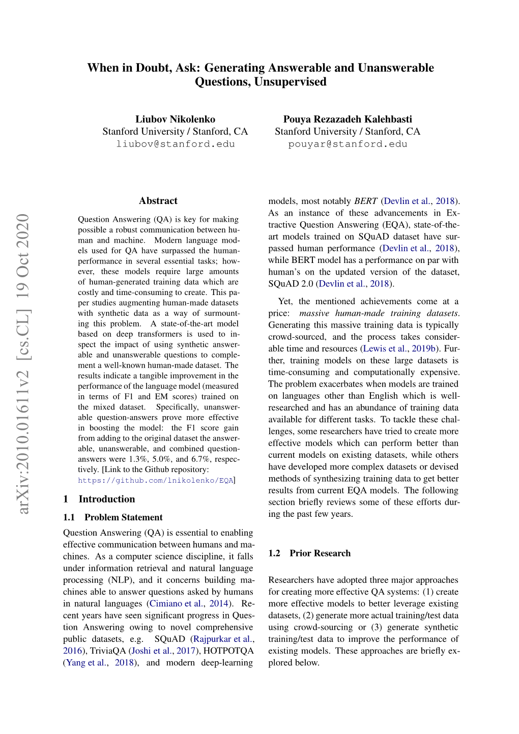 Arxiv:2010.01611V2 [Cs.CL] 19 Oct 2020 ( Ulcdtst,Eg QA ( Squad Comprehensive2016 E.G