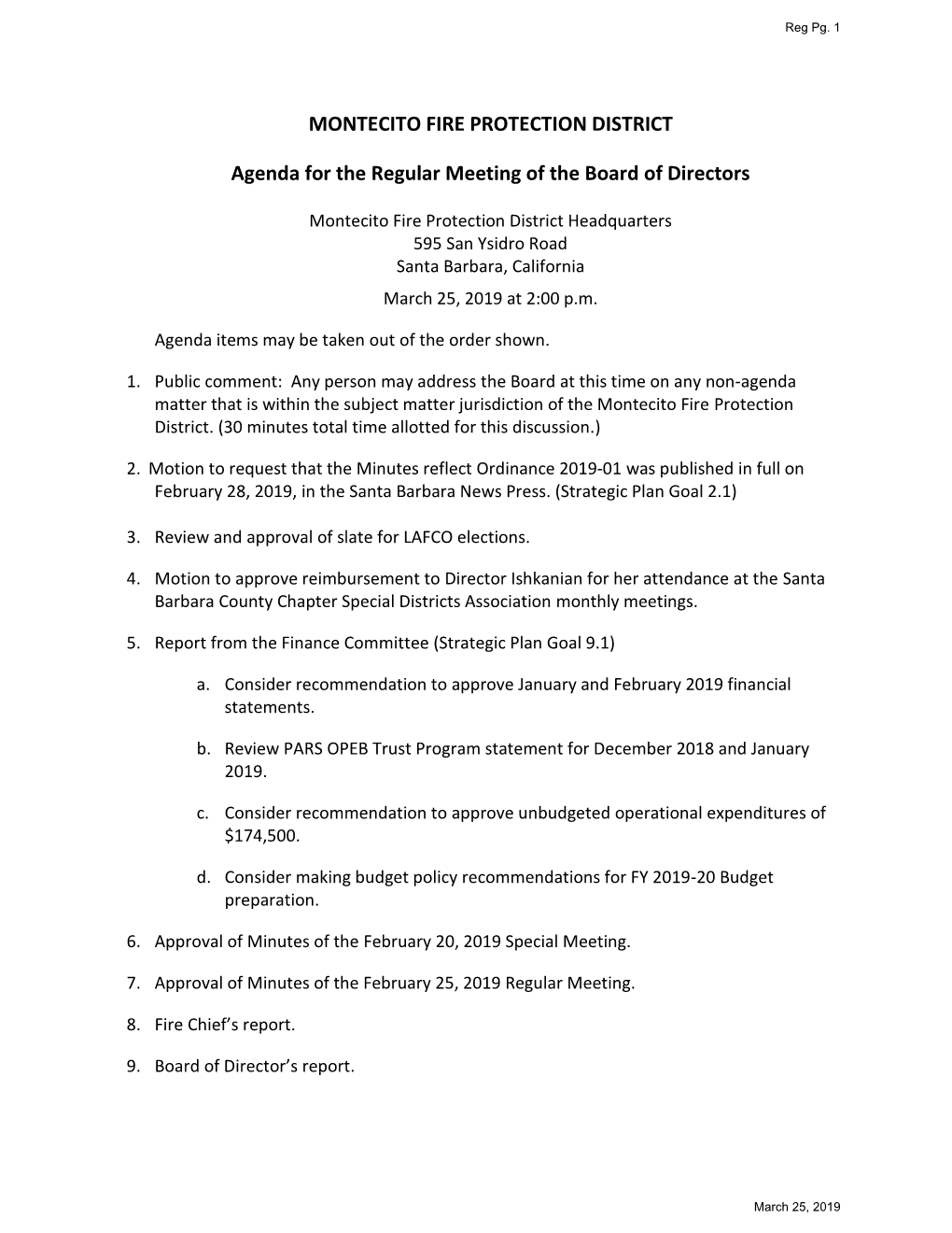 MONTECITO FIRE PROTECTION DISTRICT Agenda for the Regular