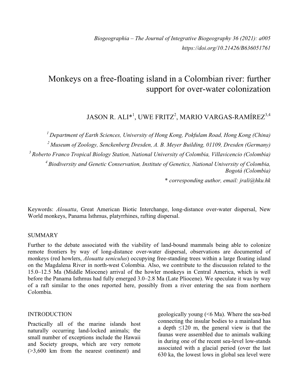 Monkeys on a Free-Floating Island in a Colombian River: Further Support for Over-Water Colonization