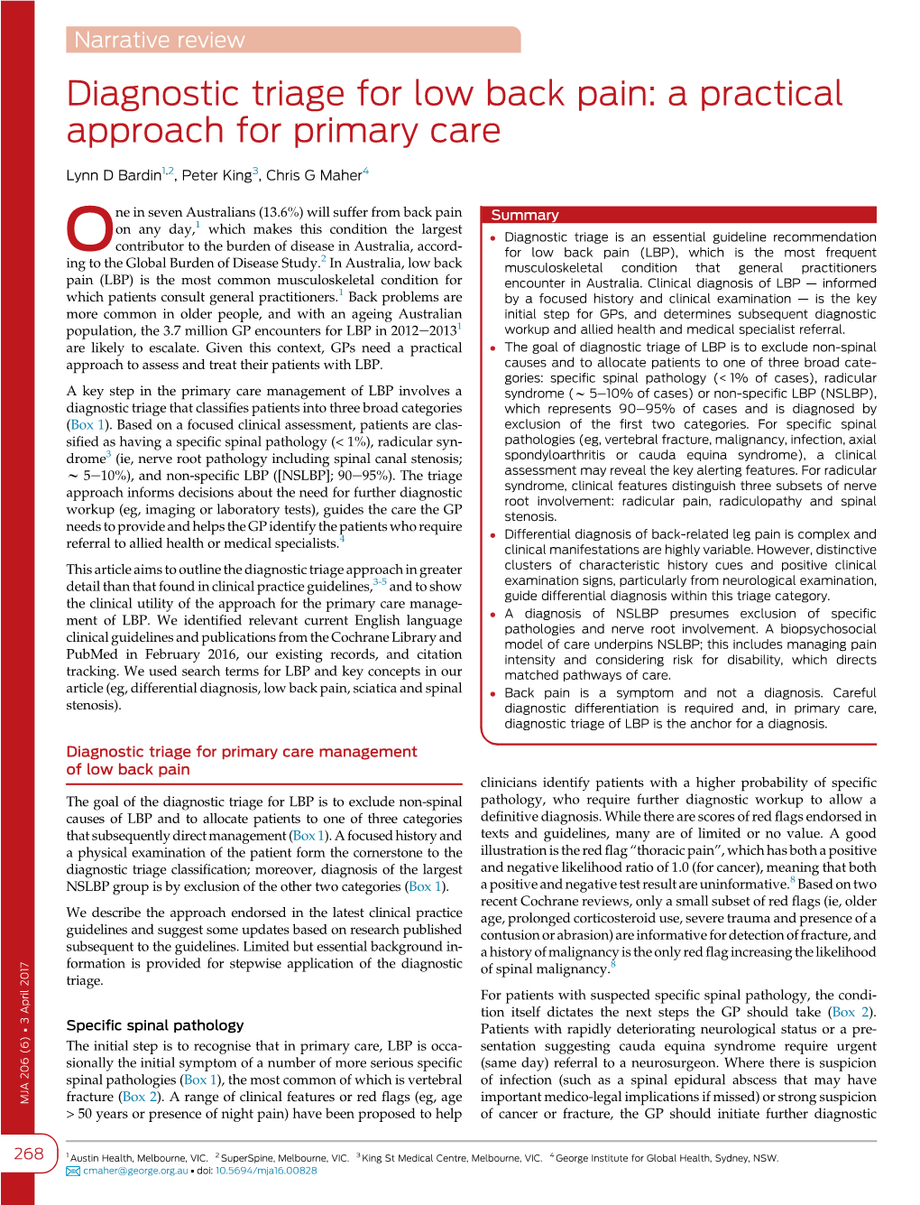 Diagnostic Triage for Low Back Pain: a Practical Approach for Primary Care