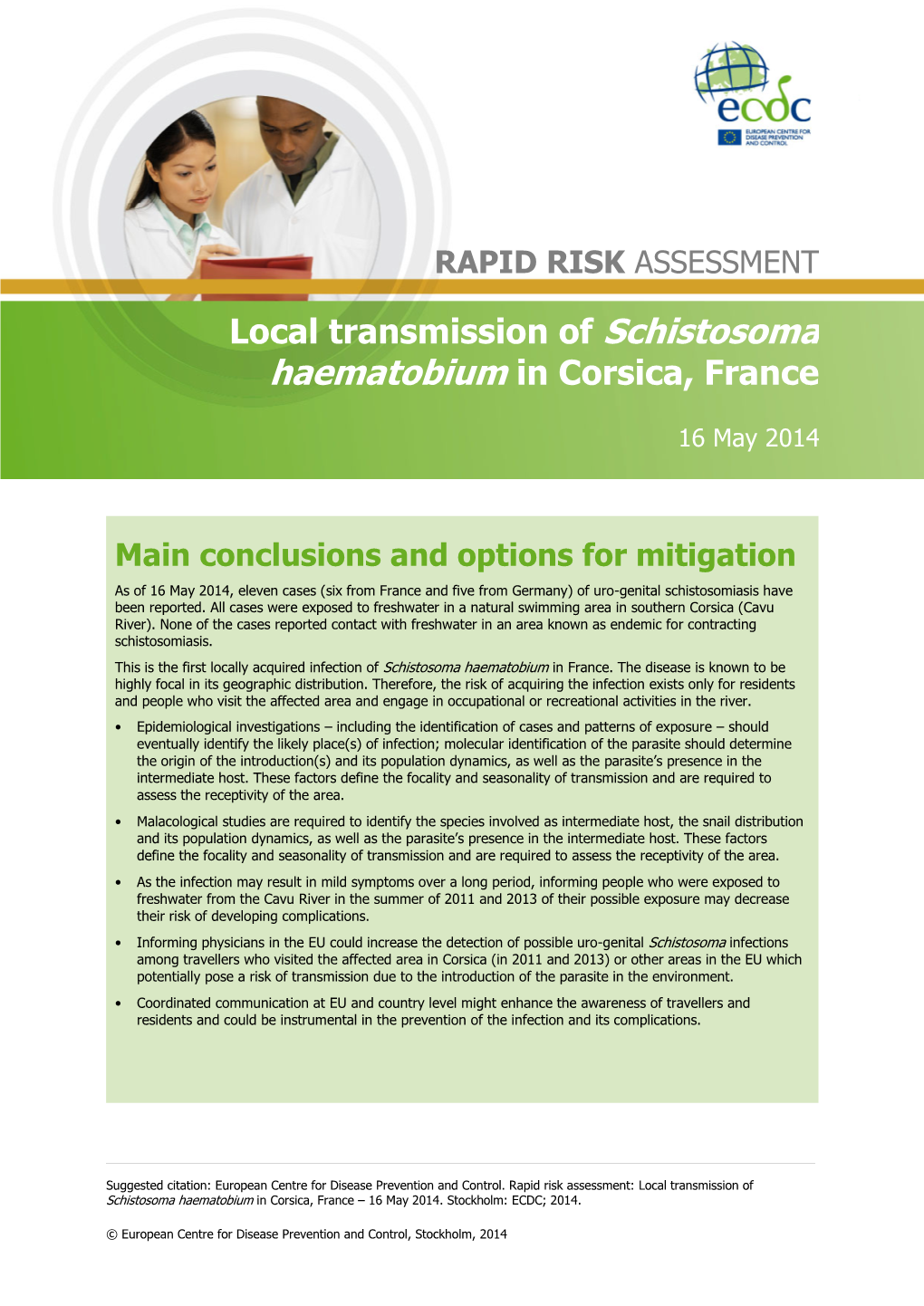 Local Transmission of Schistosoma Haematobium in Corsica, France