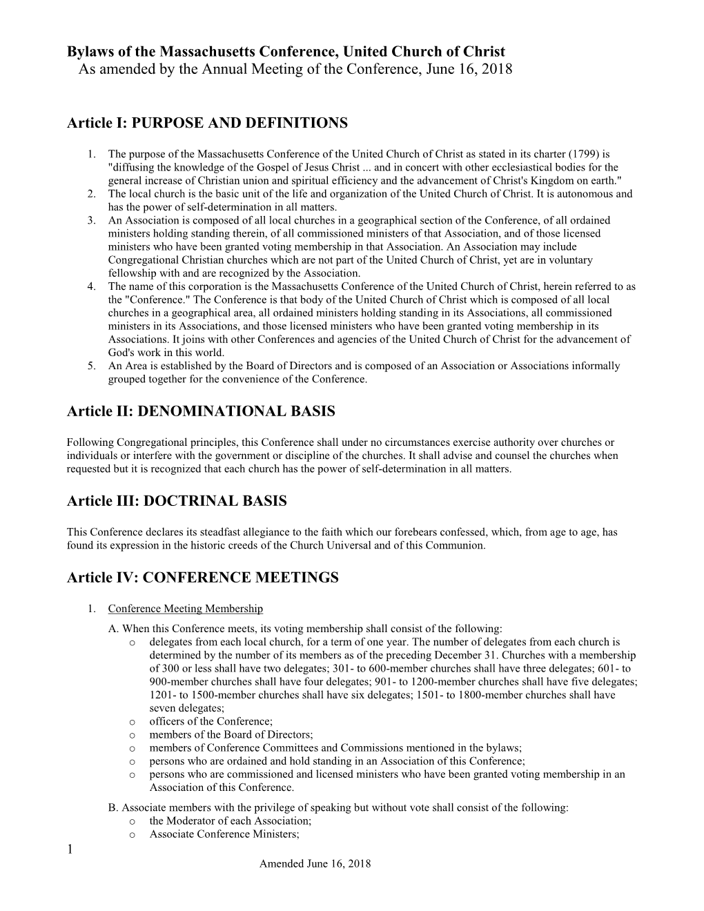 Bylaws of the Massachusetts Conference, United Church of Christ As Amended by the Annual Meeting of the Conference, June 16, 2018