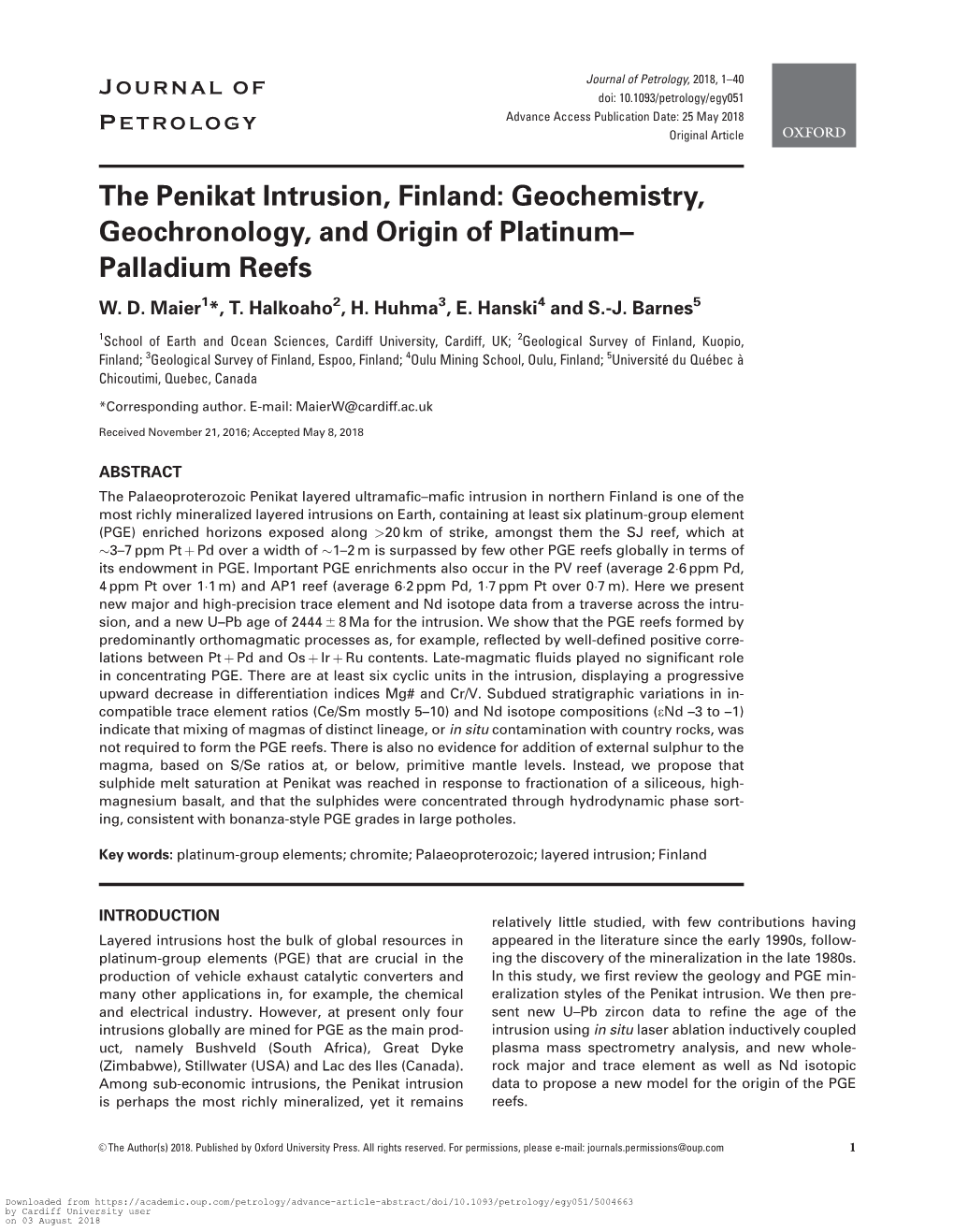 The Penikat Intrusion, Finland: Geochemistry, Geochronology, and Origin of Platinum– Palladium Reefs W