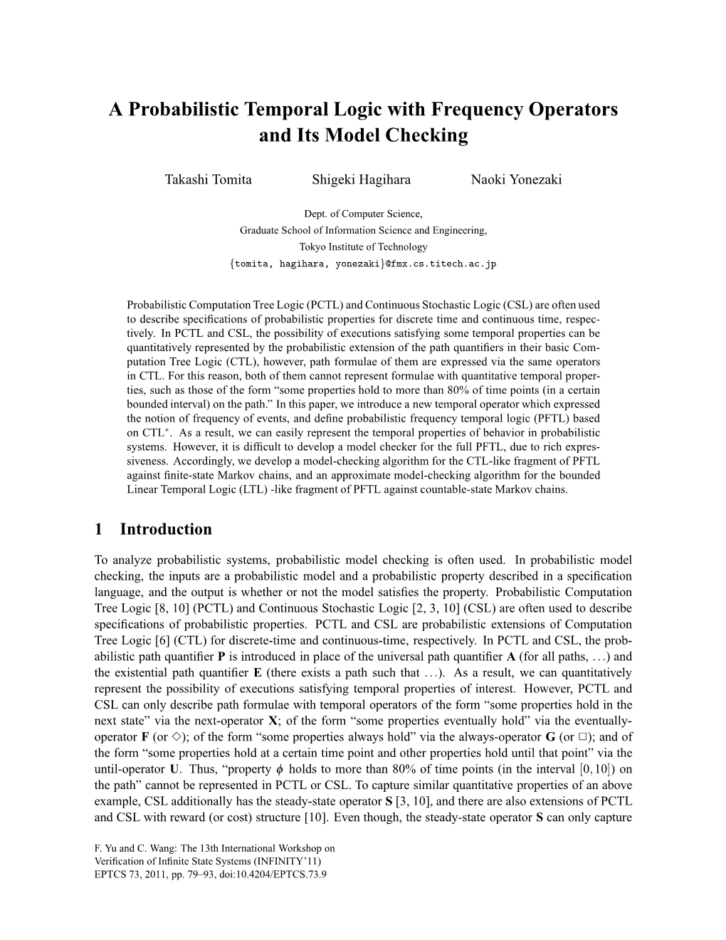 A Probabilistic Temporal Logic with Frequency Operators and Its Model Checking